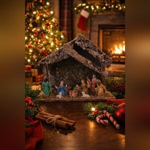 Vintage Handcrafted Nativity Scene – Rustic Stable & Figurines – Christmas Décor